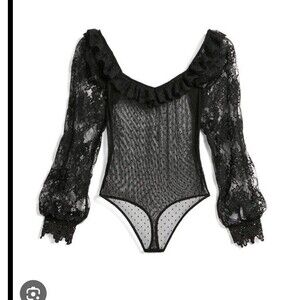 Express X Karla Welch M Bodysuit Black Lace Top Ruffle French cuff Romantic Shee